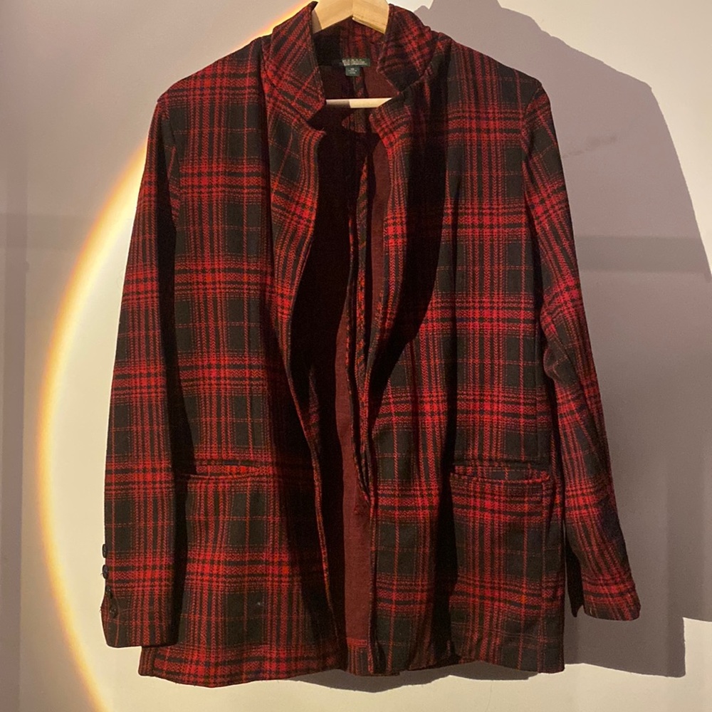 red and black plaid open coat